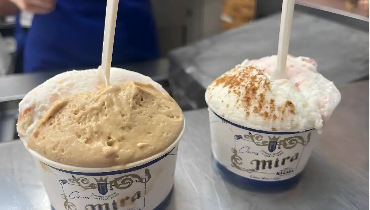 Two tubs of Casa Mira ice cream on the counter in Malaga