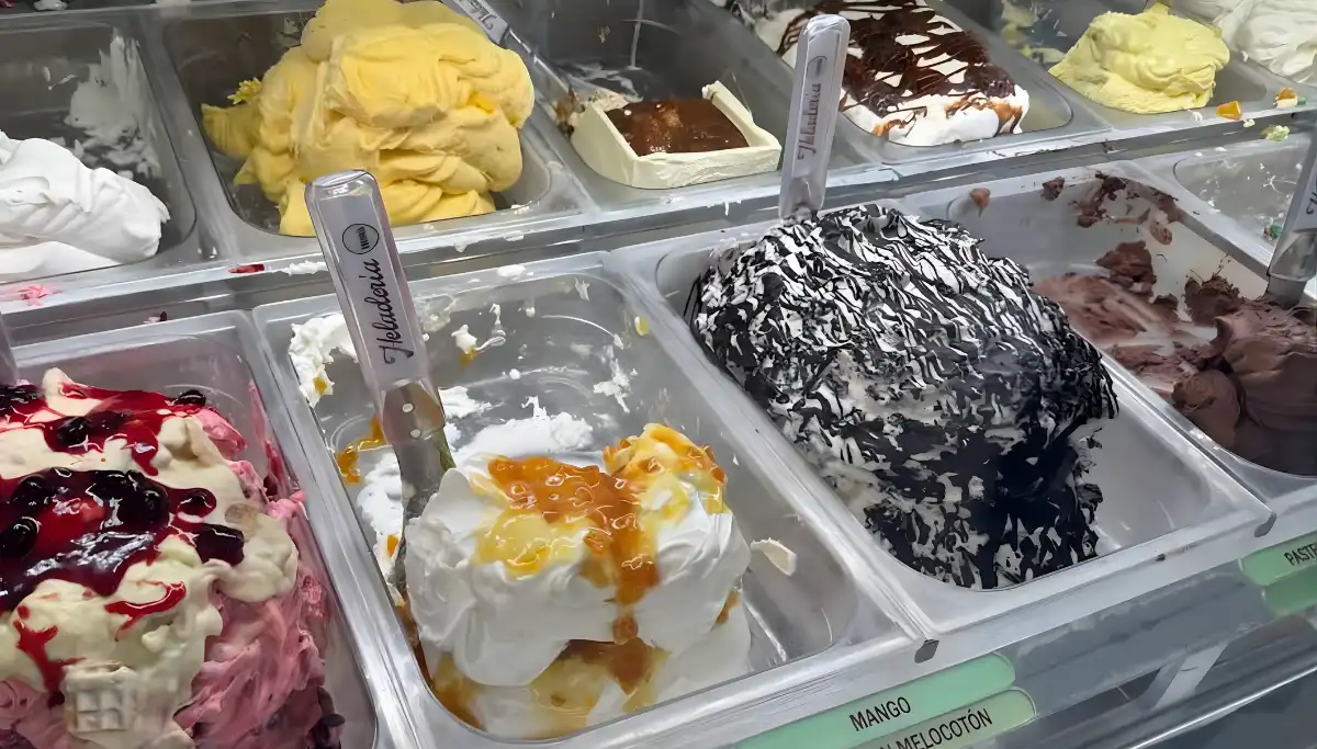 Colourful gelato display at Heladeria Inma in Malaga