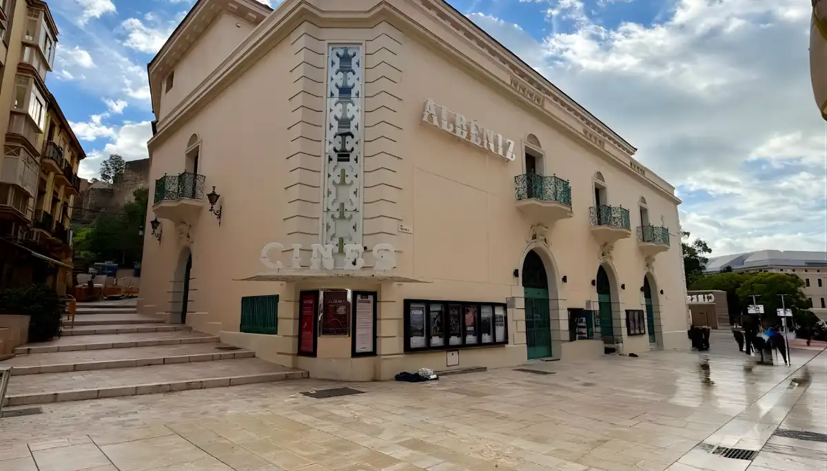 The art deco facade of Cine Albeniz arthouse cinema in Malaga