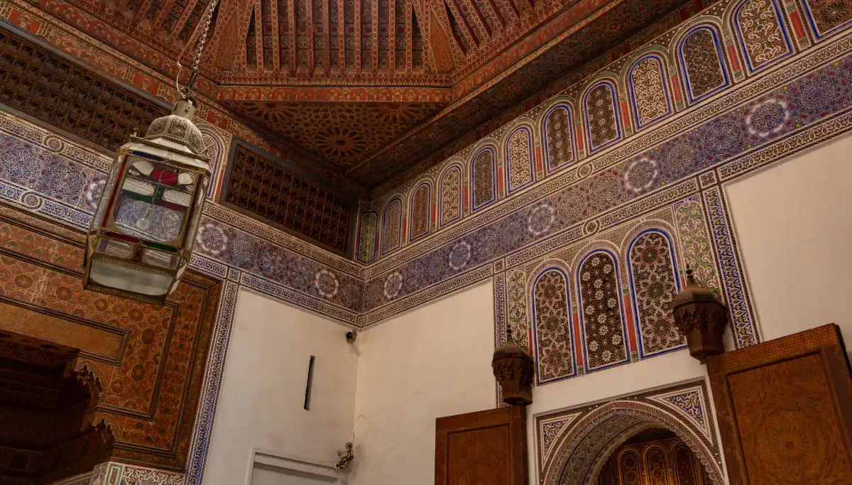 Ornate Moorish ceiling and lantern inside Hammam Al Andalus in Malaga