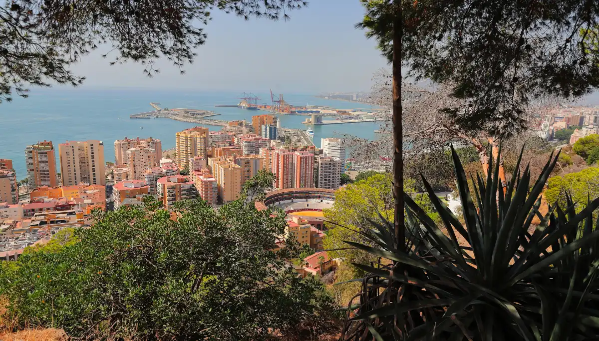 Aerial view of Malaga's port and coastline on a clear summer day