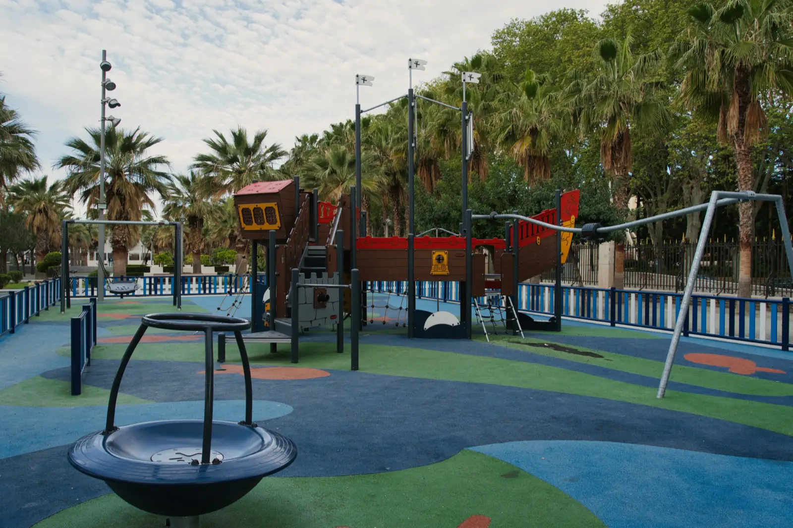 The pirate ship playground at Malaga port with slides and climbing frames