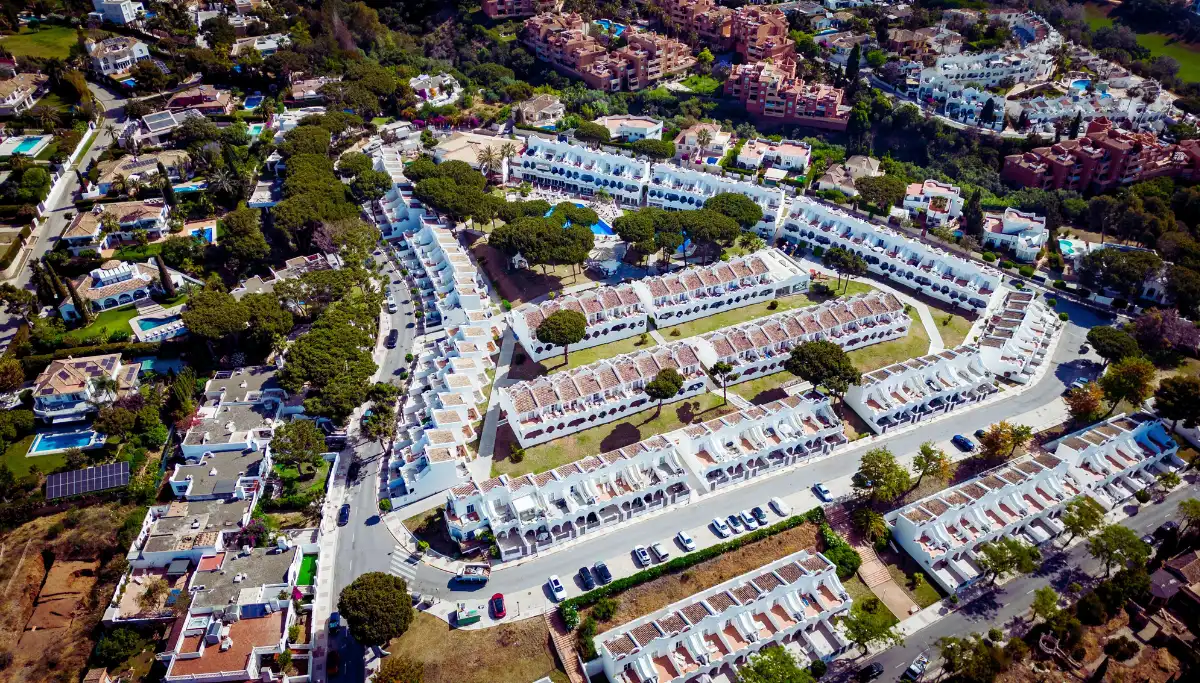 Aerial view of residential homes and apartments in Marbella