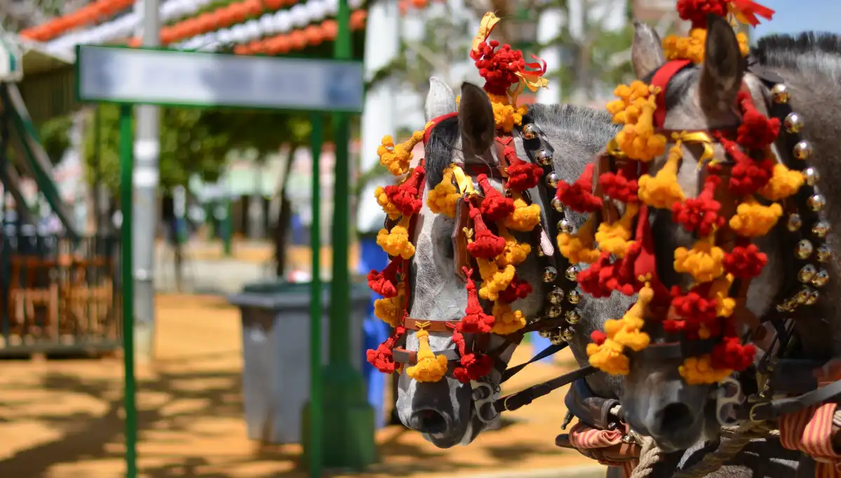 Decorated horses at the Feria de Abril fairground in Seville
