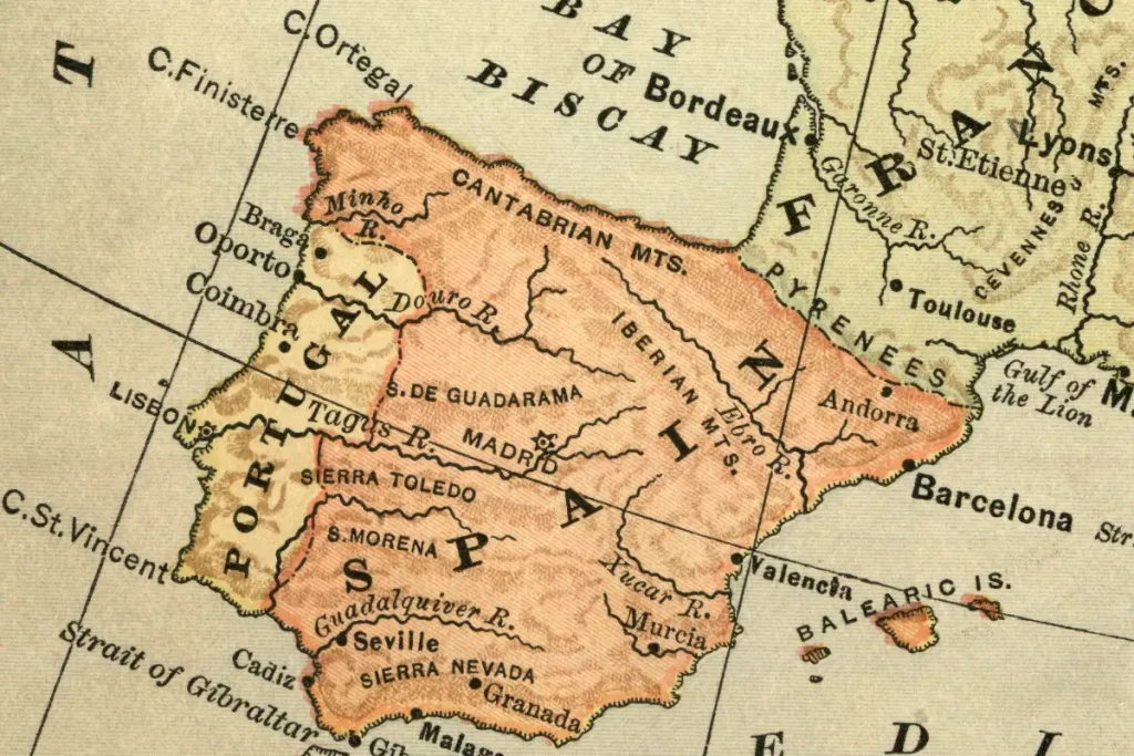Map of Spain highlighting major cities.