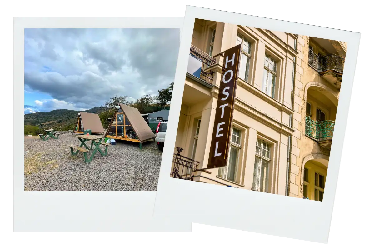 a campsite with two tee-pees and the outside of a hostel building.