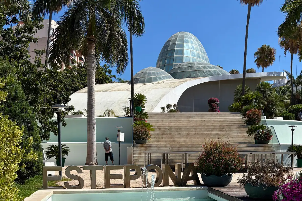 Estepona town sign in front of the Orchidarium glass dome
