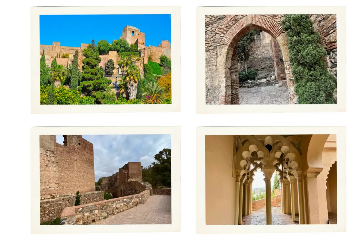 A collage of all of the walls and some of the entrances of the Alcazaba in Malaga.