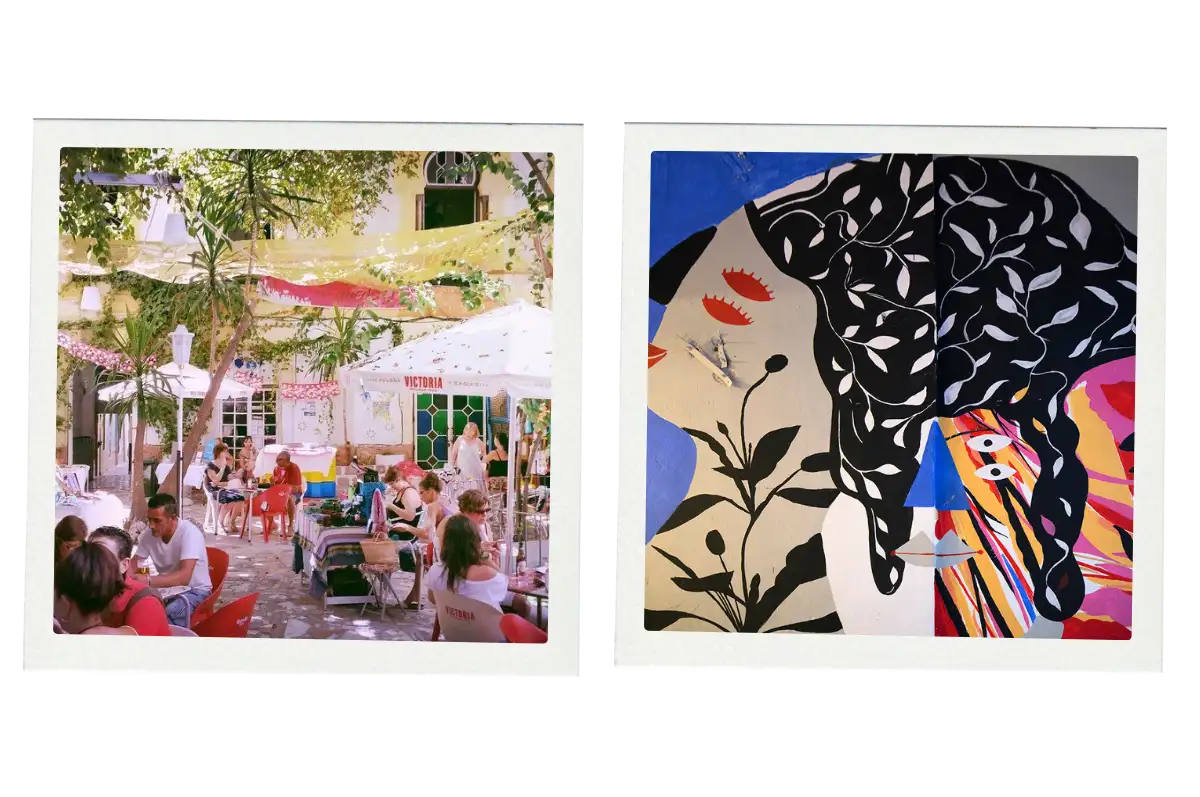 People sitting in a courtyard surrounded by trees at Casa Invisble in Malaga which serves really cheap drinks.