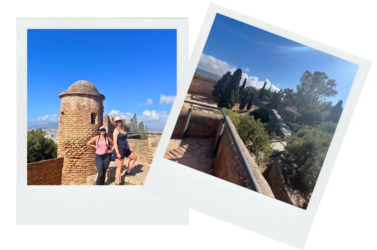 A collage of two woman standing on the wall of castillo de gibralfaro and the gardens below.