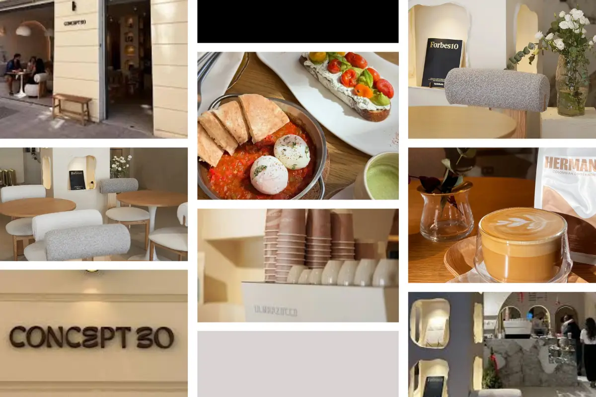 Images of coffee, tables, and toast with tomato inside a coffee shop.