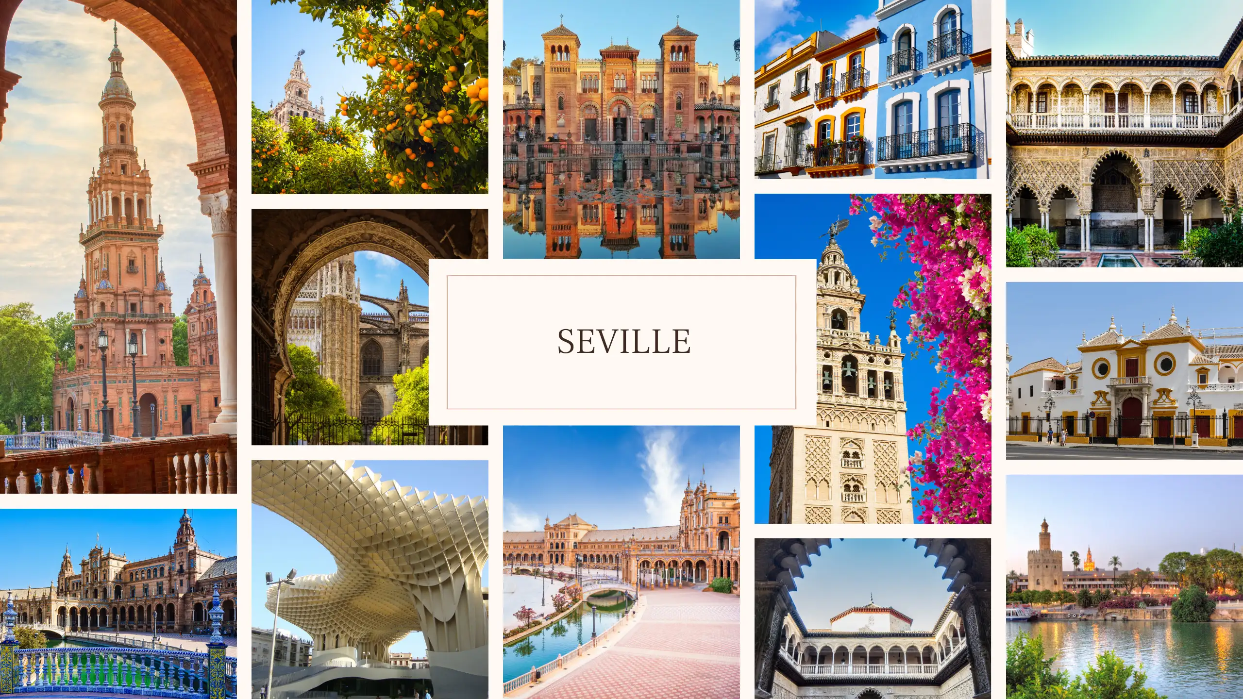 A collage of the setas de Seville, Alcazar, aquarium and more that can be seen on a day trip from Malaga.