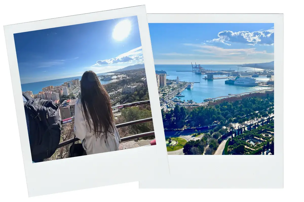 A woman standing at a railing overlooking Malaga harbor.