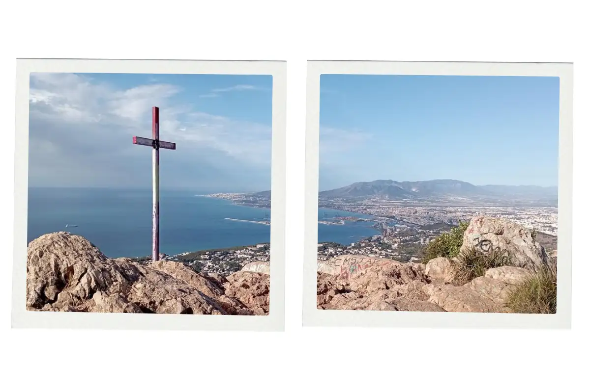 A cross on top of a mountain with the ocean and Malaga city behind it.