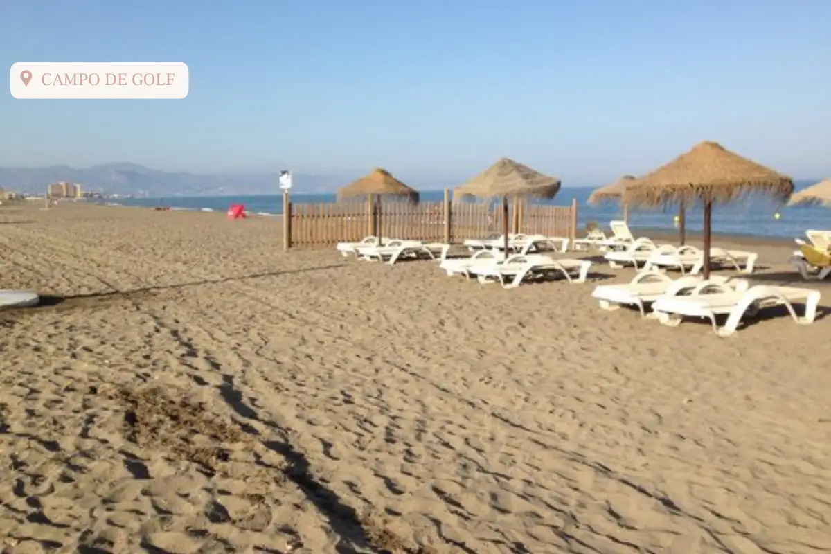 Cabanas lining the golden sand beach with the ocean behind them at playa campo del golf.
