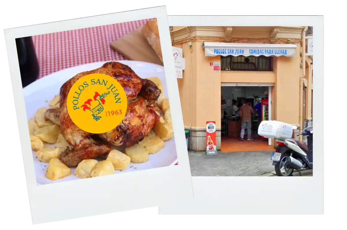 a chicken on top of potatoes and the entrance to Pollos San Juan, where they serve cheap food.