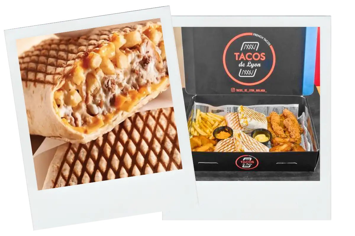 Tacos filled with meat and chees in a black box at Tacos de Lyon.