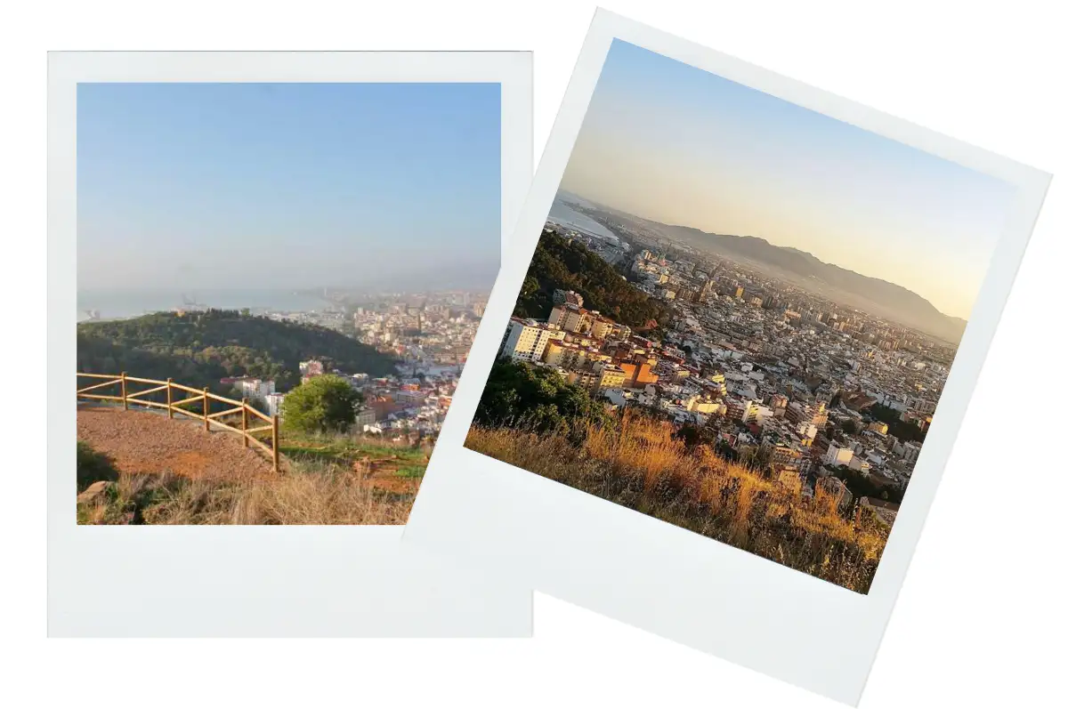 A view of Malaga from the top of Victoria hill with the sea and mountains in the background.