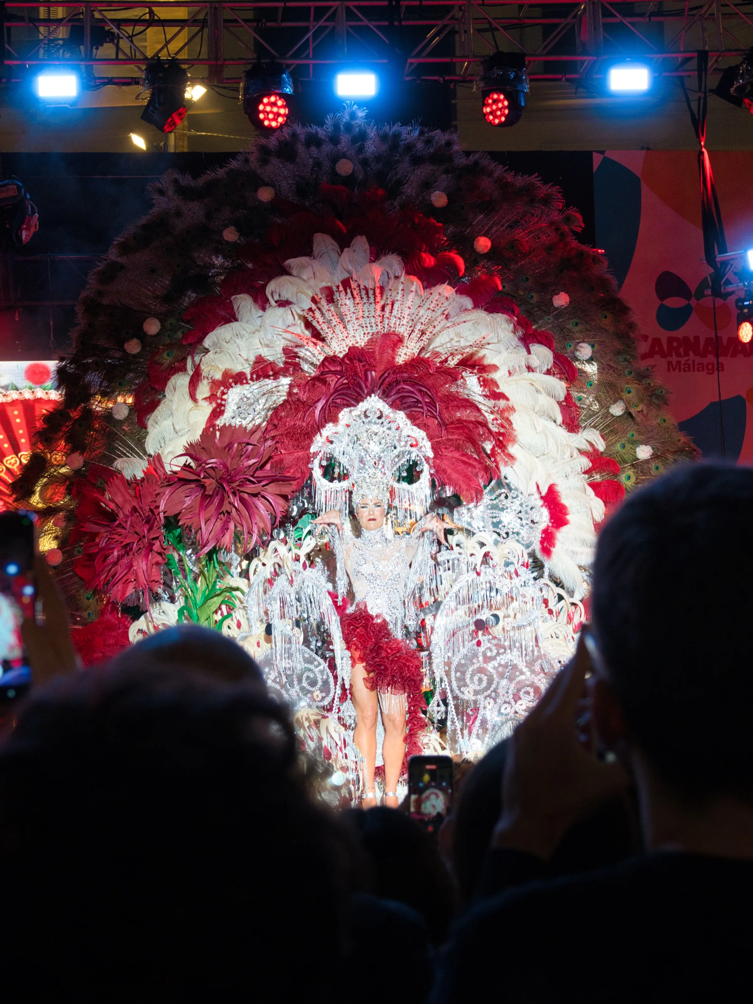 Costumed performer in a red feather headdress during Málaga Carnival in February
