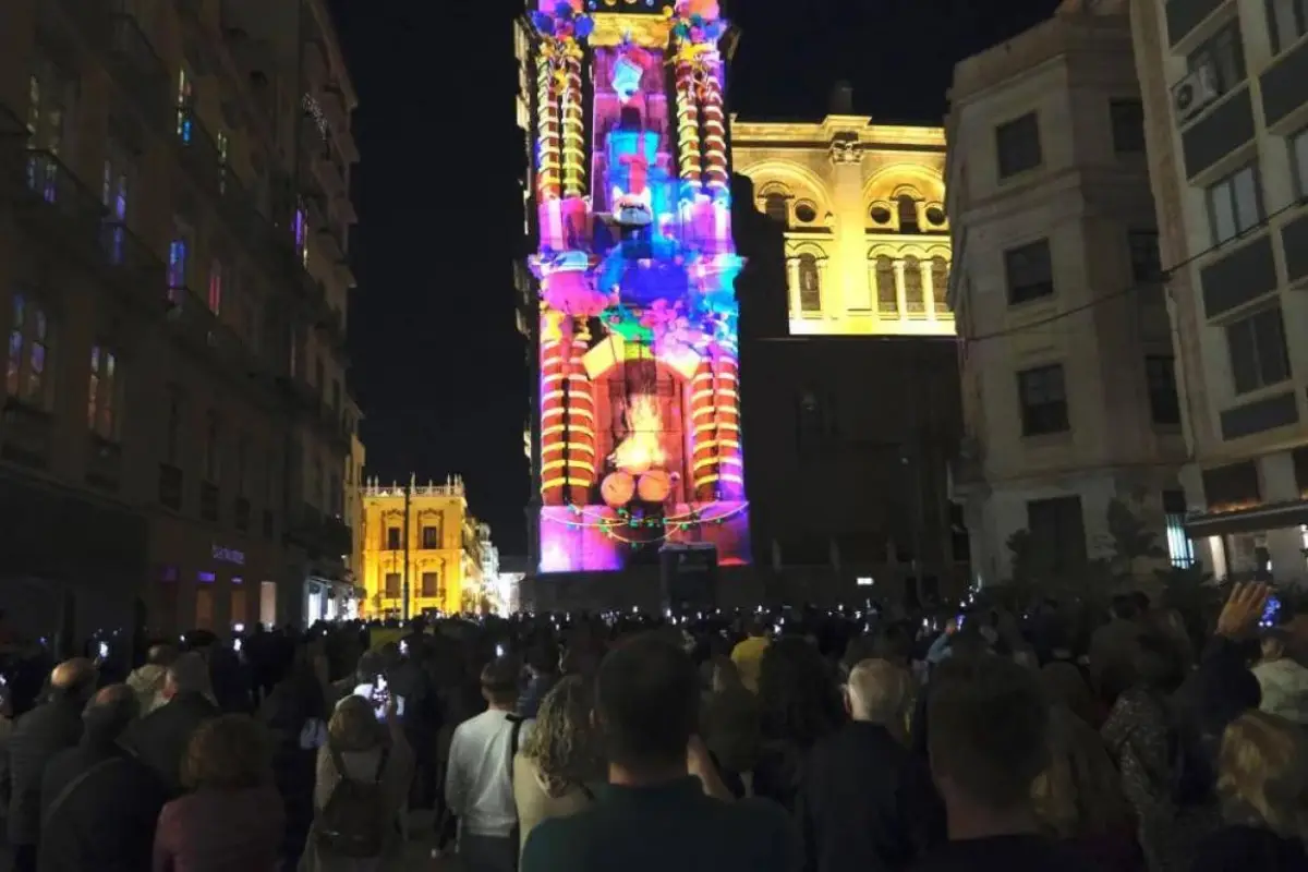 Video mapping light show projected onto Malaga Cathedral during Christmas