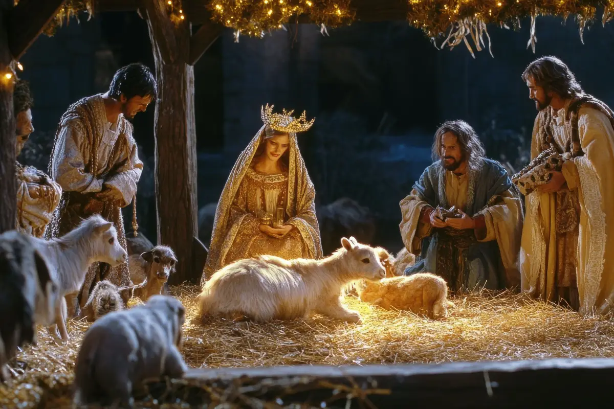 Traditional nativity scene with painted figures displayed during Christmas in Malaga
