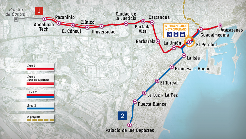 Malaga metro map showing lines 1 and 2 through the city centre