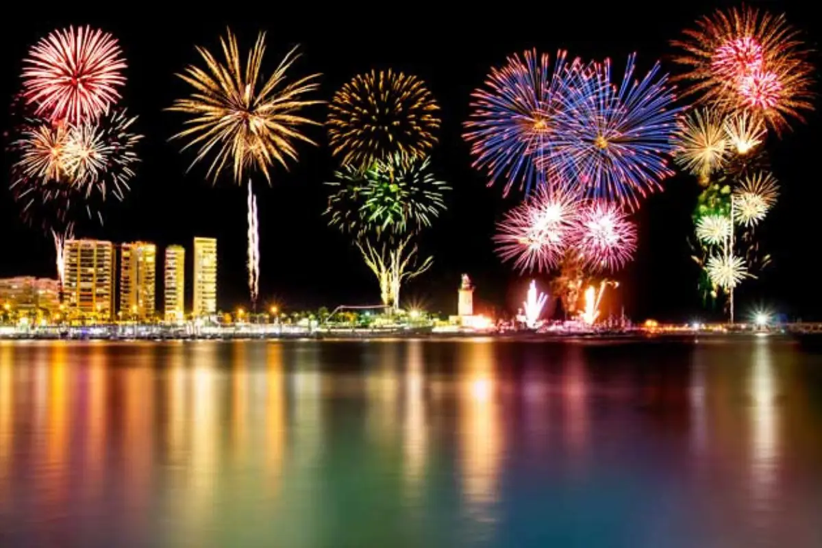 New Year's Eve fireworks bursting over Malaga harbour