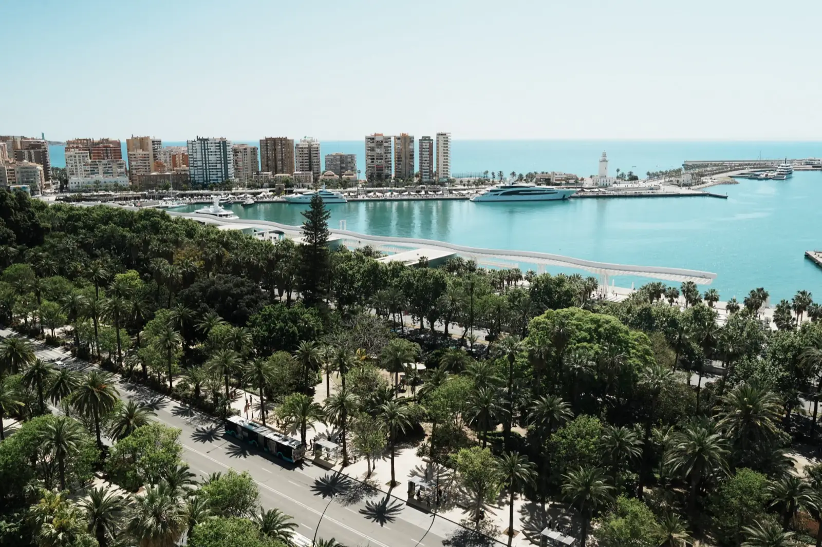 View over Málaga harbour and port from a hilltop viewpoint on a clear day