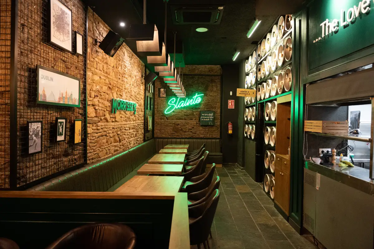 A row of chairs inside Morrissey's pub in Malaga old town.
