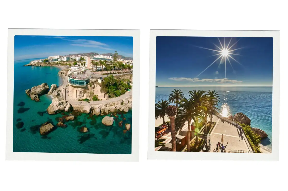 A view from above of the balcony of Europe in Nerja with the ocean below and a bright sun.