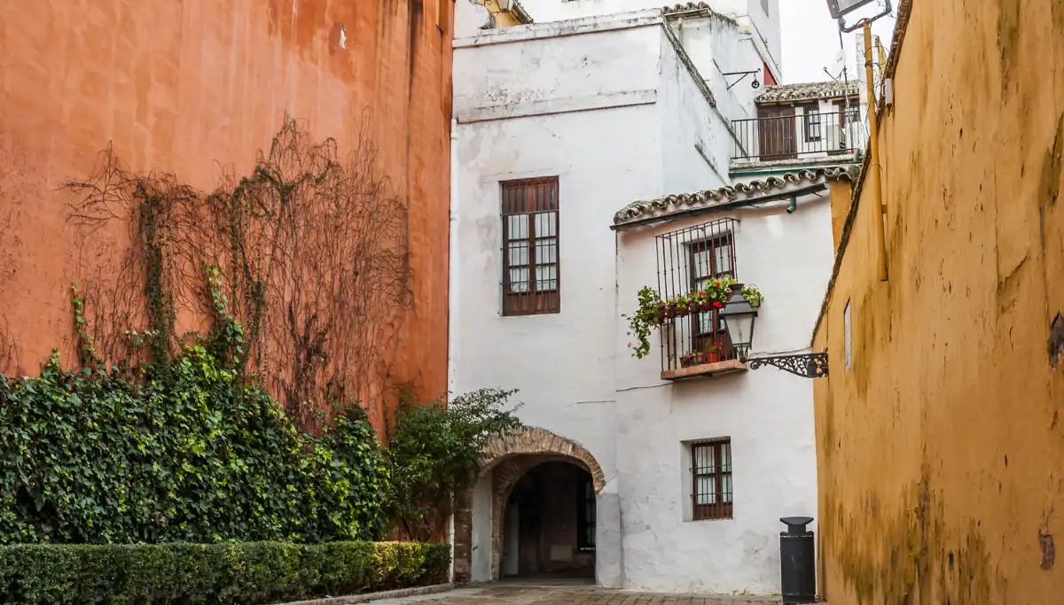 Narrow street with coloured walls in the Barrio Santa Cruz neighbourhood of Seville