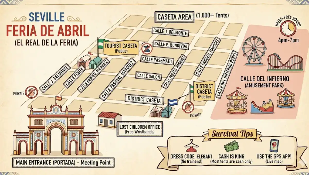 Map of the Feria de Abril fairground layout in Seville