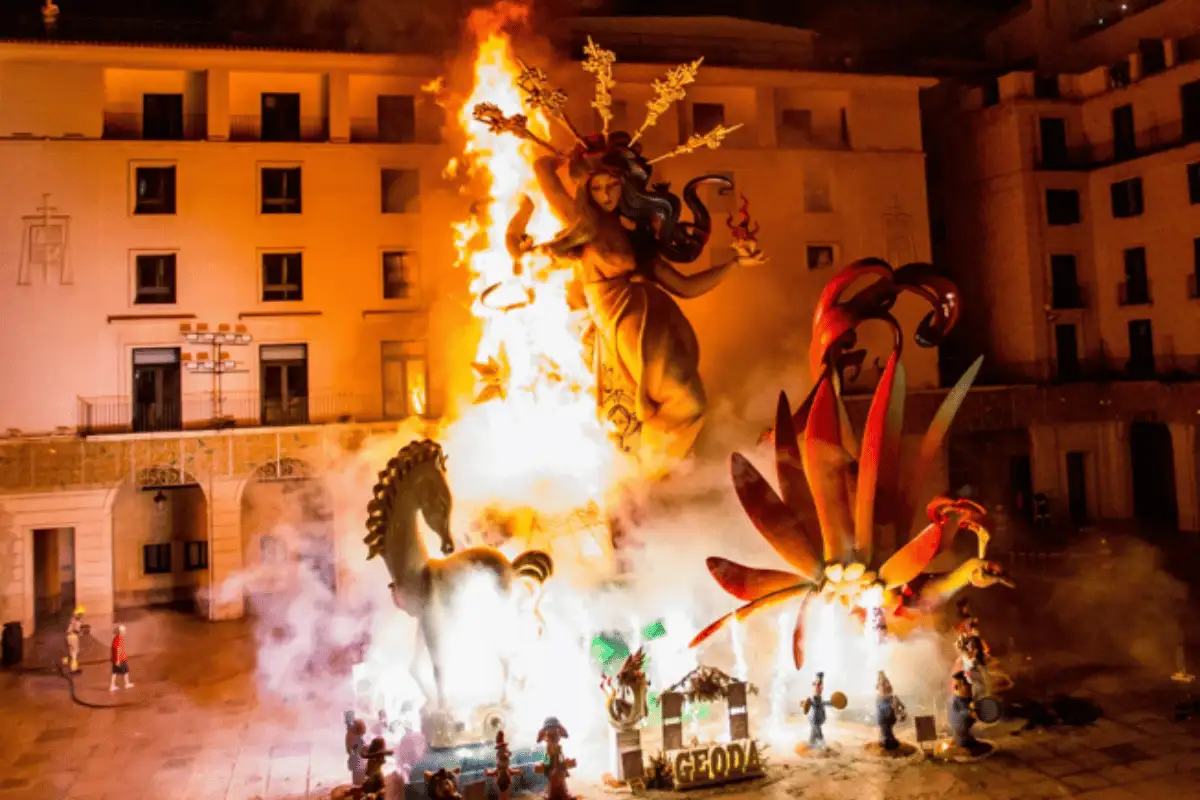 Bonfires on the beach during the Hogueras de San Juan midsummer festival in Spain