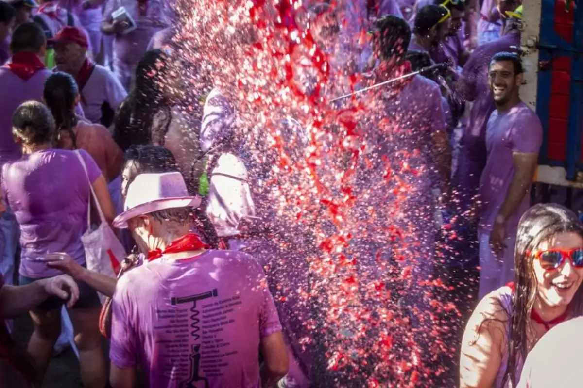 Wine-soaked crowd at the Batalla del Vino festival in Haro, La Rioja
