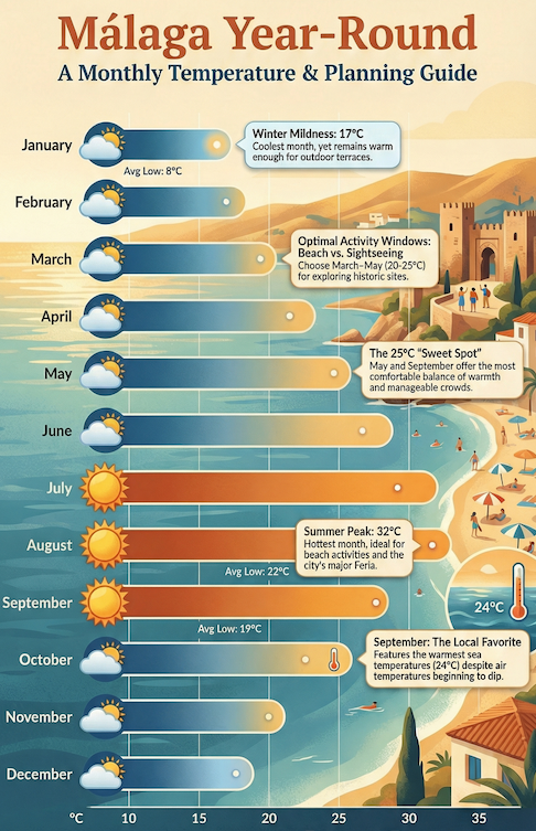 Inforgraphic showing the temperatures in Malaga throughout the year
