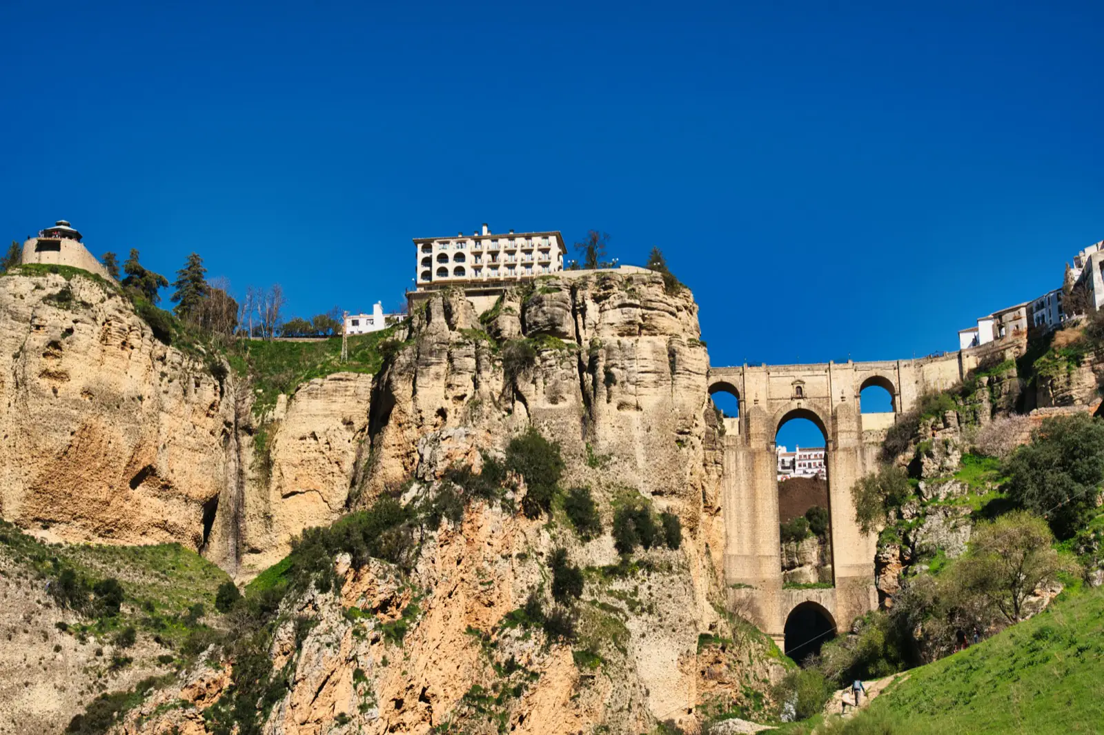 Ronda bridge and lookout seen from the gorge below.